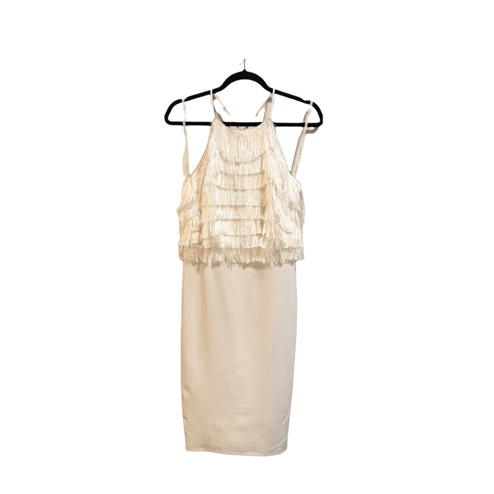 Halston Chalk White Mini Fringe Halter Neck Flapper Party Dress
